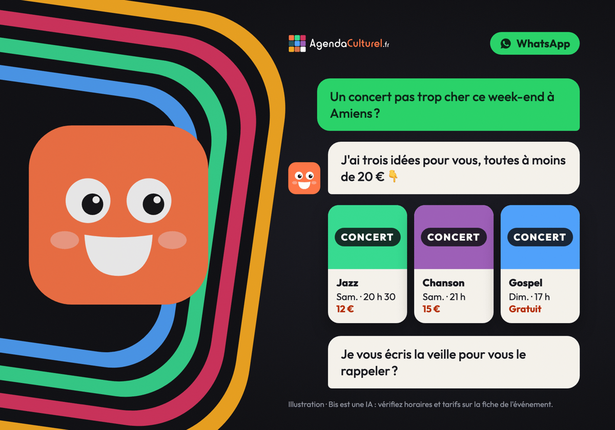 Conversation WhatsApp avec Bis, l'assistant IA d'Agenda Culturel : trois concerts proposés à Amiens pour le week-end